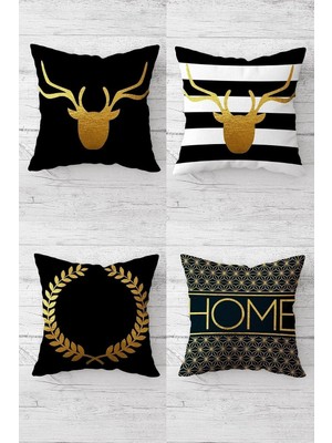 Rota Style Pelangi Gold Geyik Desenli Yazılı Gizli Fermuarlı Kırlent Kılıfı Koltuk Yastık Kılıfı TAKIM(4A