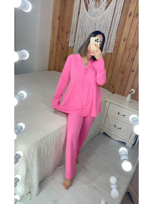 By Gamze Arman Pembe Renk Pamuk Kumaş Geniş Kalıp Pileli Hamile Lohusa Pijama Takımı