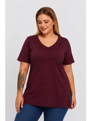 Sea Moda Büyük Beden V Yaka Yırtmaçlı Pamuk Basic Tshirt-Bordo