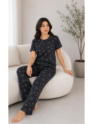 Sleeproom Yazlık Penye Kadın Siyah Yıldız Desen Pijama Takımı