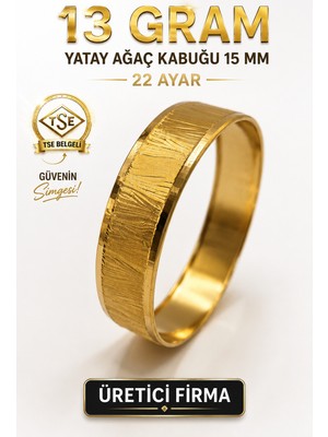 Aks Gold 22 Ayar Tse Belgeli (13 Gram) Yatay Ağaç Kabuğu 15 mm Ajda Altın Bilezik Gold Düğün Nişan