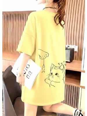 Nigrum Pardus Nıgrum Pardus Yeni Sezon Mama Zamanı Kedi Sırt Baskılı %100 Pamuk Büyük Beden Kadın T-Shirt Elbise