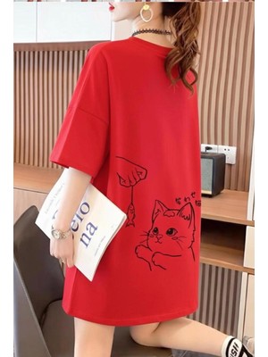 Nigrum Pardus Nıgrum Pardus Yeni Sezon Mama Zamanı Kedi Sırt Baskılı %100 Pamuk Büyük Beden Kadın T-Shirt Elbise