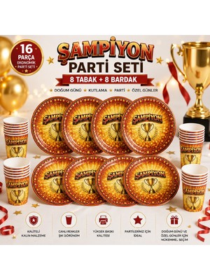 Bkmc Party 🏆 Şampiyon Sarı Kırmızı Parti Seti 16 Parça | 8 Tabak 8 Bardak | Doğum Günü, Kutlama ve Özel Gün Konsept Parti Seti