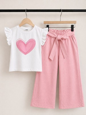 Tayo Baby Kız Çocuk Kalp Baskılı Fırfır Kollu Tişört ve Kuşaklı Geniş Paça Vişne Pantolon Takım %100 Pamuklu