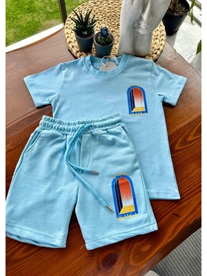 Noble Kids Erkek Çocuk Casa Blanca Baskılı Tişört ve Şort Takım Açık Mavi