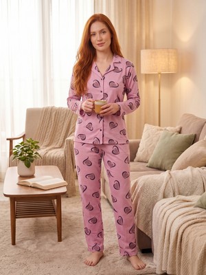 Sleeproom Mevsimlik Gömlek Yaka Likralı Viskon Tram Kalp Desen Pembe Düğmeli Kadın Pijama Takımı