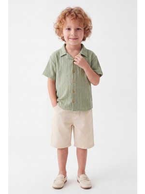 Noble Kids Erkek Çocuk Çizgili Gömlek ve Denim Şort Takım Yeşil
