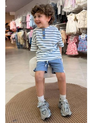 Defy Çocuk Çizgili Henley Yaka Tişört ve Şort Takım Mavi