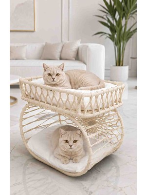 Tasaryum Iki Katlı El Örgüsü Kedi Yatağı – El Yapımı Lüks Kedi Evi ve Dinlenme Alanı