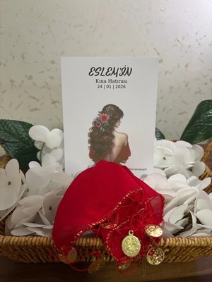Burc Design Gift Kırmızı Gold Çeyrek Pullu Şifon Kartlı Hediyelik Halay Mendili 10 Adet, Gelin Damat Düğün Kına