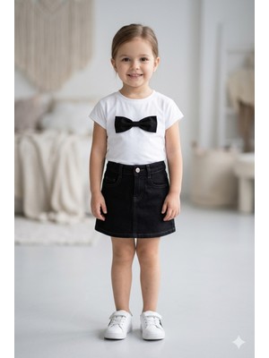 Tayo Baby Kız Çocuk Fiyonklu Beyaz Tişört ve Siyah Denım Kot Etek Takım %100 Pamuklu - Beli Ayarlanabilir Lastikli