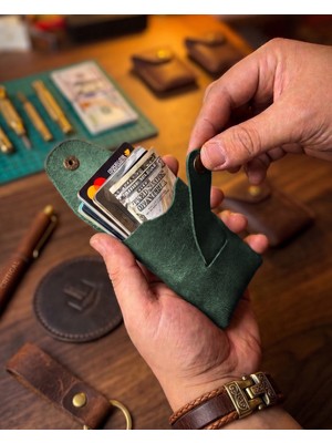 Buo Leather Kayışlı Mekanizmalı Hakiki Deri Kartlık, Avuç Içi Mini Kart ve Nakit Cüzdanı, Unisex