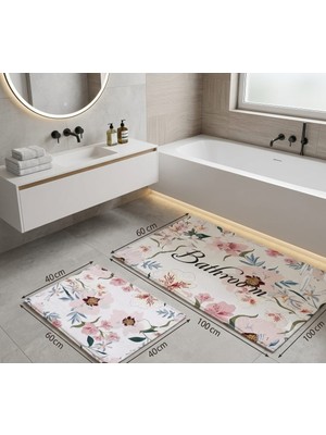 Hfs Home Dekorasyon  Klozet Takımı Turkuaz Deniz Kabuğu Desenli Vintage Çiçekli Yazı Detaylı Banyo Seti Paspas Banyo Paspas Takımı 2'li Pamuk Dokuma Kaymaz Taban 60X100 cm ve 40X60 cm