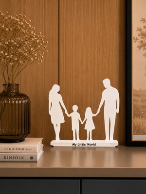 Gragold3 Design Anne Baba Iki Çocuk Aile Silüeti Dekoru (My Little World) Dekoratif Obje - Beyaz