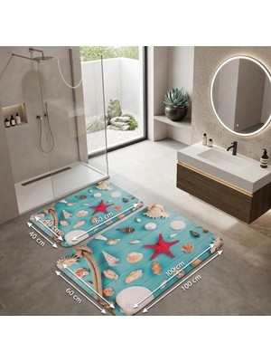 Hfs Home Dekorasyon  Klozet Takımı Turkuaz Deniz Kabuğu Desenli Vintage Çiçekli Yazı Detaylı Banyo Seti Paspas Banyo Paspas Takımı 2'li Pamuk Dokuma Kaymaz Taban 60X100 cm ve 40X60 cm