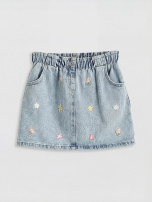 Lc Waikiki Yeni Sezon Çiçek Nakışlı Beli Lastikli Kız Çocuk Jean Etek