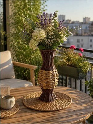 NEVVALİFE Rattan Çok Amaçlı Dekoratif Hasır Vazo-El Yapımı Modern Şık Tasarım Vazo Kahverengi Üst Tarafı Bej Renk 29 cm