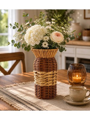 NEVVALİFE Rattan Çok Amaçlı Dekoratif Hasır Vazo-El Yapımı Modern Şık Tasarım Vazo Kahverengi Orta Kısımlar Bej Renk 19 cm