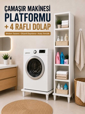 İmt Aksesuar Çamaşır Makinesi Yükseltme Platformu + 4 Raflı Banyo Dolabı (Beyaz) Robot Süpürge Uyumlu Deterjan ve Havlu Düzenleme Ünitesi