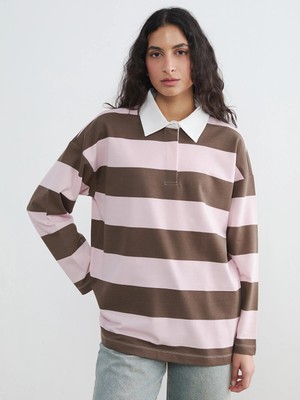 Lc Waikiki Yeni Sezon Polo Yaka Çizgili Oversize Kadın Sweatshirt Tunik