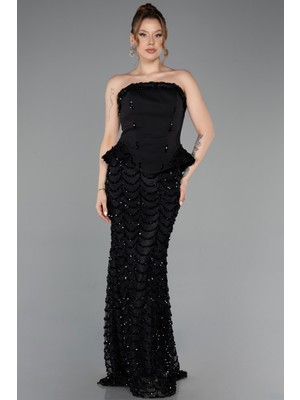 Abiyefon Straplez Peplum Uzun Pullu Abiye Elbise ABU5919