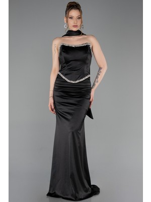 Abiyefon Taşlı Straplez Peplum Uzun Saten Mezuniyet Elbise ABU6079