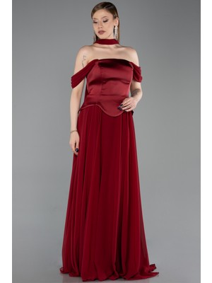 Abiyefon Kayık Yaka Saten Peplum Kesim Uzun Şifon Abiye ABU5327