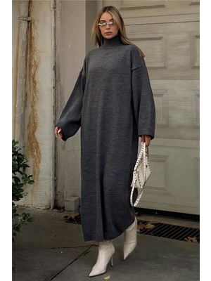 Swist Füme Daly Yarım Balıkçı Oversize Kadın Triko Midi Elbise