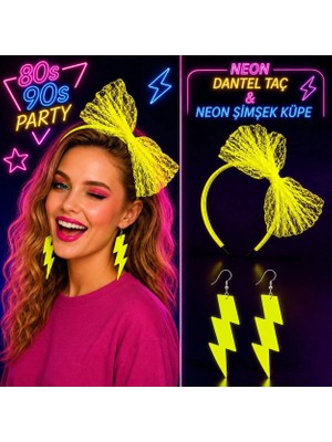 Magicool Neon Sarı Dantel Taç ve Şimşek Küpe 8039LER 9039LAR Parti Seti