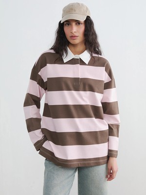 Lc Waikiki Yeni Sezon Polo Yaka Çizgili Oversize Kadın Sweatshirt