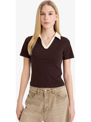DeFacto Fitted Polo Yaka Ribana Kısa Kollu Kahverengi Tişört G2193AX26SP