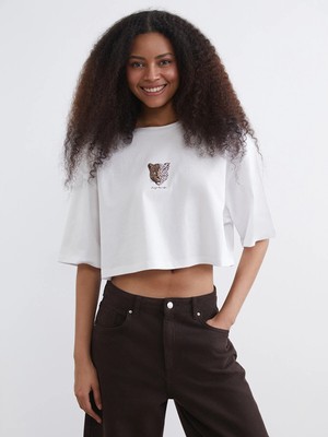 Lc Waikiki Yeni Sezon Bisiklet Yaka Leopar Baskılı Oversize Kadın Crop