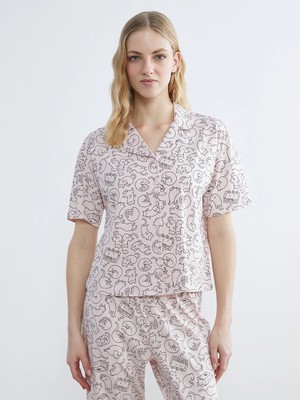 Lc Waikiki Yeni Sezon Gömlek Yaka Kedi Baskılı Kadın Pijama Üstü