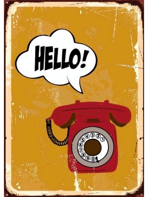 Lucena Hello Yazılı Kırmızı Telefon Ahşap Mdf Tablo Duvar Dekoru Eskitme Antre Ofis Cafe Tablo