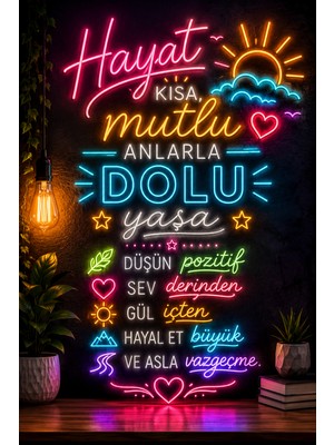 Lucena Hayat Sözü Neon Mdf Duvar Tablosu 20X30 cm Modern Dekoratif Motivasyon Panosu