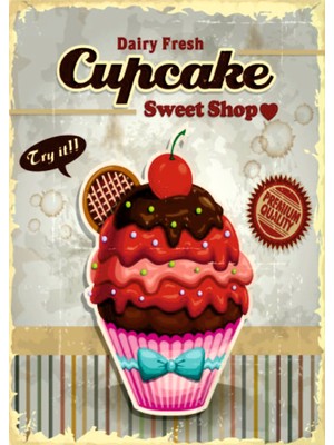 Lucena Retro Cupcake Tasarımlı Ahşap Mdf Tablo Duvar Dekoru Eskitme Mutfak Pastane Cafe Tabelası