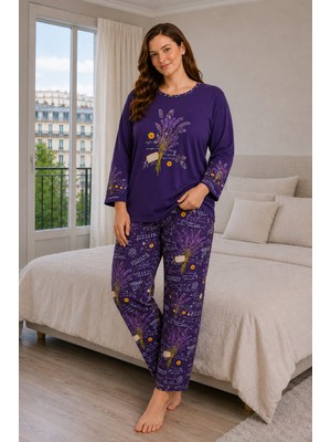 Büyük Beden Kadın Kısa Kollu Pijama Takımı Mor, Çiçek Desenli Rahat Kalıp Yumuşak Kumaş Ev Giyim