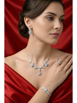 Luceven 925 Ayar Gümüş Baget Zirkon Taşlı 4'lü Set Kolye, Yüzük, Bileklik, Küpe