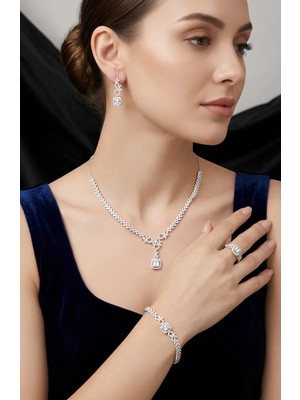 Luceven 925 Ayar Gümüş Baget Zirkon Taşlı Ithal Rodyum Kaplama 4'lü Set
