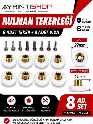 AYRINTISHOP Duşakabin Rulman Tekerleği 22 mm Çap 15 mm Boy 8 Adet Vida Dahil