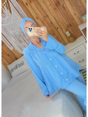 By Gamze Arman Tesettür Boneli Bebe Mavisi Geniş Kalıp Hamile Lohusa Pijama Takımı