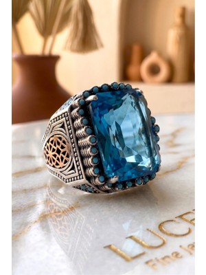 Luceven 925 Ayar Gümüş Doğal Mavi Topaz Taşlı Özel Tasarım Erkek Yüzük