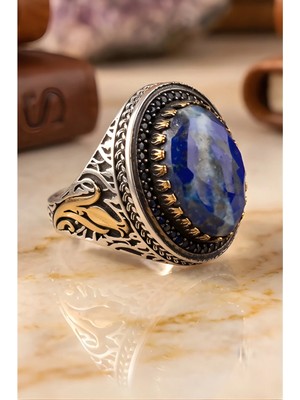 Luceven 925 Ayar Gümüş El Işçiliği Faset Kesim Doğal Lapis Lazuli Taşlı Otantik Erkek Yüzük