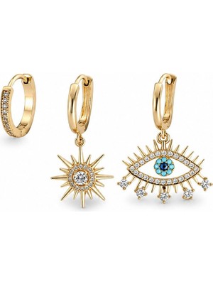Serelya Göz Model Gold Renk Pirinç 3'lü Kadın Küpe Seti