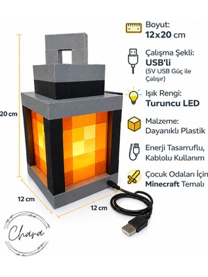 Chara Minecraft Büyük Boy Gece Lambası- Lantern- Masa Lambası (Usb Kablolu)