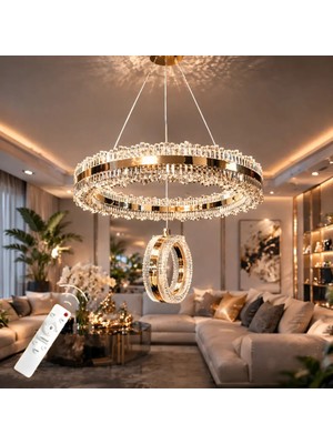 Zerafet Lüks Kaplamalı Çift Yönlü Aydınlatmalı Kumandalı Dimmerli 3 Renk Ledli Avize LED Avize- Çap 40 cm