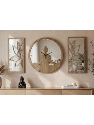 Ergeç Tasarım Lotus Meditasyon Aynalı Pleksi Dekoratif Duvar Saati ve Panel Seti 3 Parça 40 cm – Siyah / Atlantik Çam