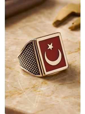 Luceven 925 Ayar Türk Bayrağı Motifli Erkek Gümüş Yüzük