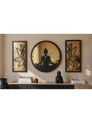 Ergeç Tasarım Lotus Meditasyon Gold Aynalı Pleksi Dekoratif Duvar Saati ve Panel Seti 3 Parça 40 cm – Siyah / Atlantik Çam